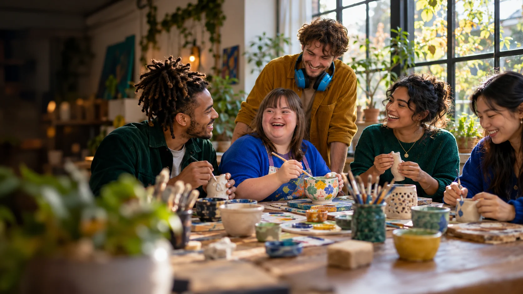 Illustration of young adults sharing a joyful painting and pottery afternoon