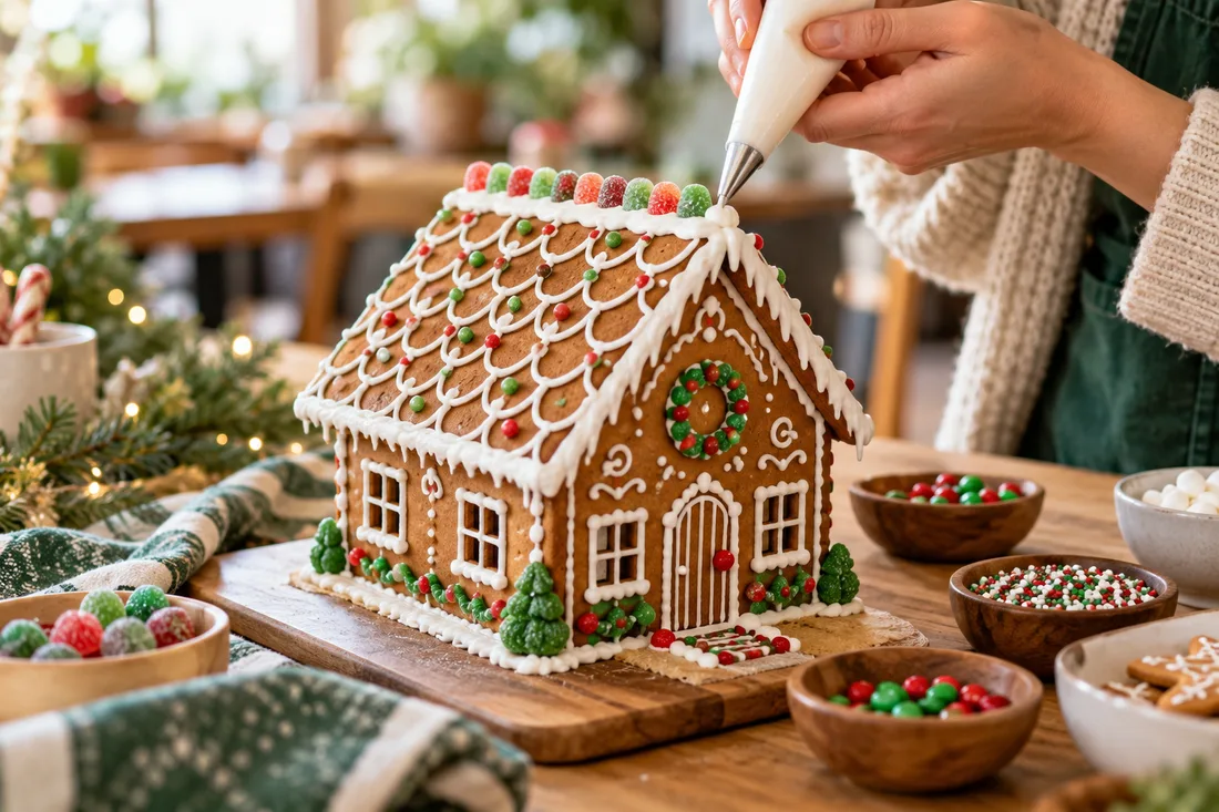 Illustrative gingerbread house decorating scene